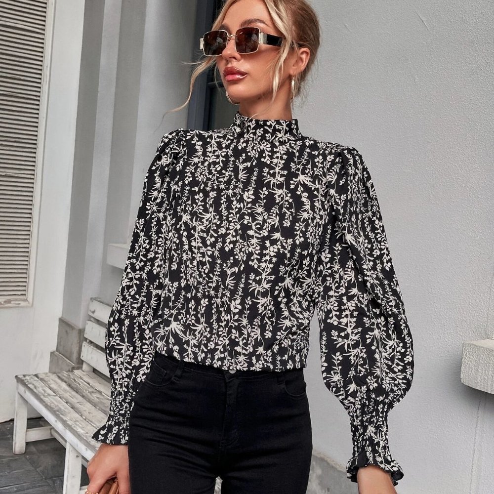 Floral Print Lantern Sleeve Mock Neck Blouse New